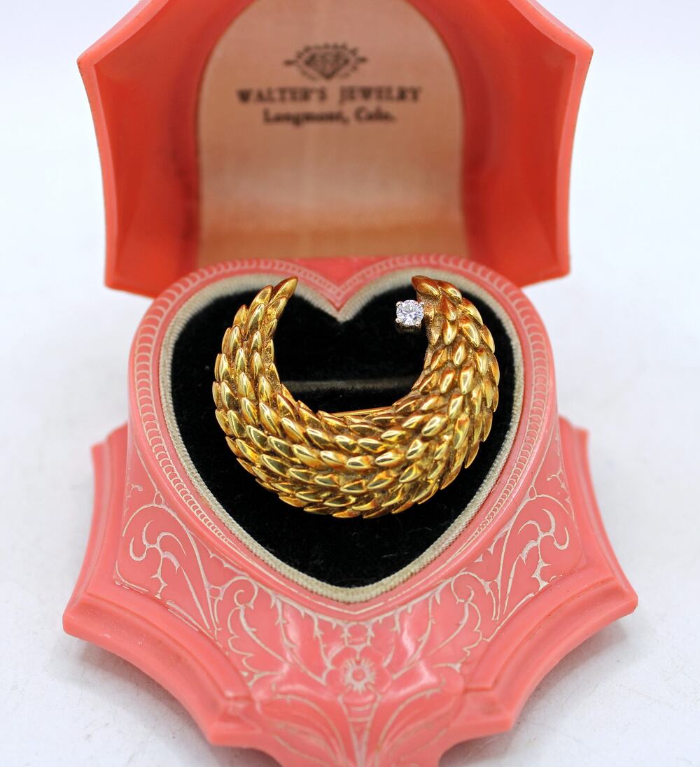 Vintage 18kt Tiffany and Co. Italy Textured Crescent Moon with Diamond Brooch